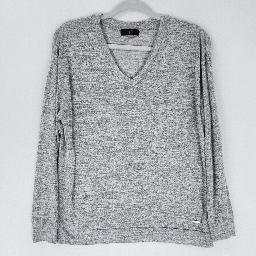 T Tahari Sweater Womens Small Gray Heathered V Neck Lightweight Casual Classic